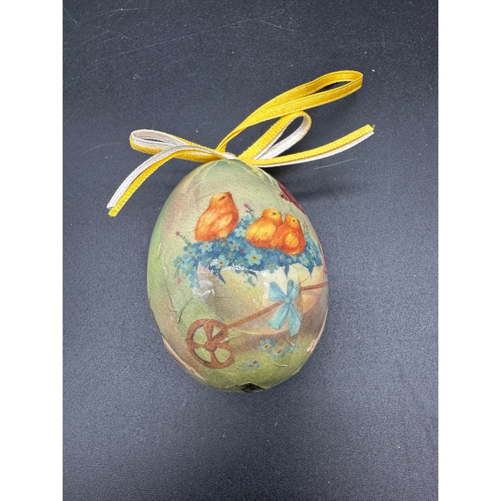 Vintage Paper Mache Easter Egg‎ Ornament Chicks Flower Cart Hanging Spring Egg